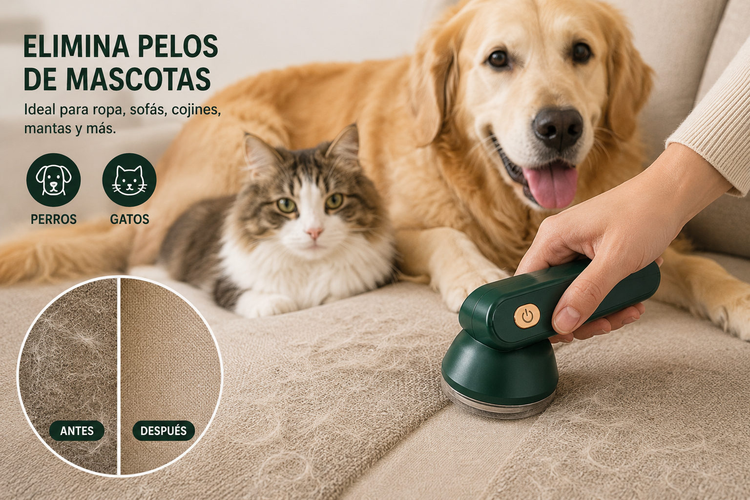 LintPro eliminando pelos de mascotas en sofá